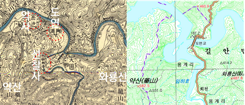 &nbsp; 〈선창계람〉의 악사(岳沙)부근&nbsp;1910년대 지도 (오)&nbsp;지금은 악사,&nbsp;도연,&nbsp;선찰사 등이 수몰됨&nbsp;&nbsp;