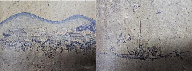 &nbsp; (왼) 소나무 숲 중앙에 일행을 맞이하러 나서는 사람들 모습 (오)&nbsp;배를 정박하고 거문고를 뜯는 아회를 즐긴다.&nbsp;&nbsp;