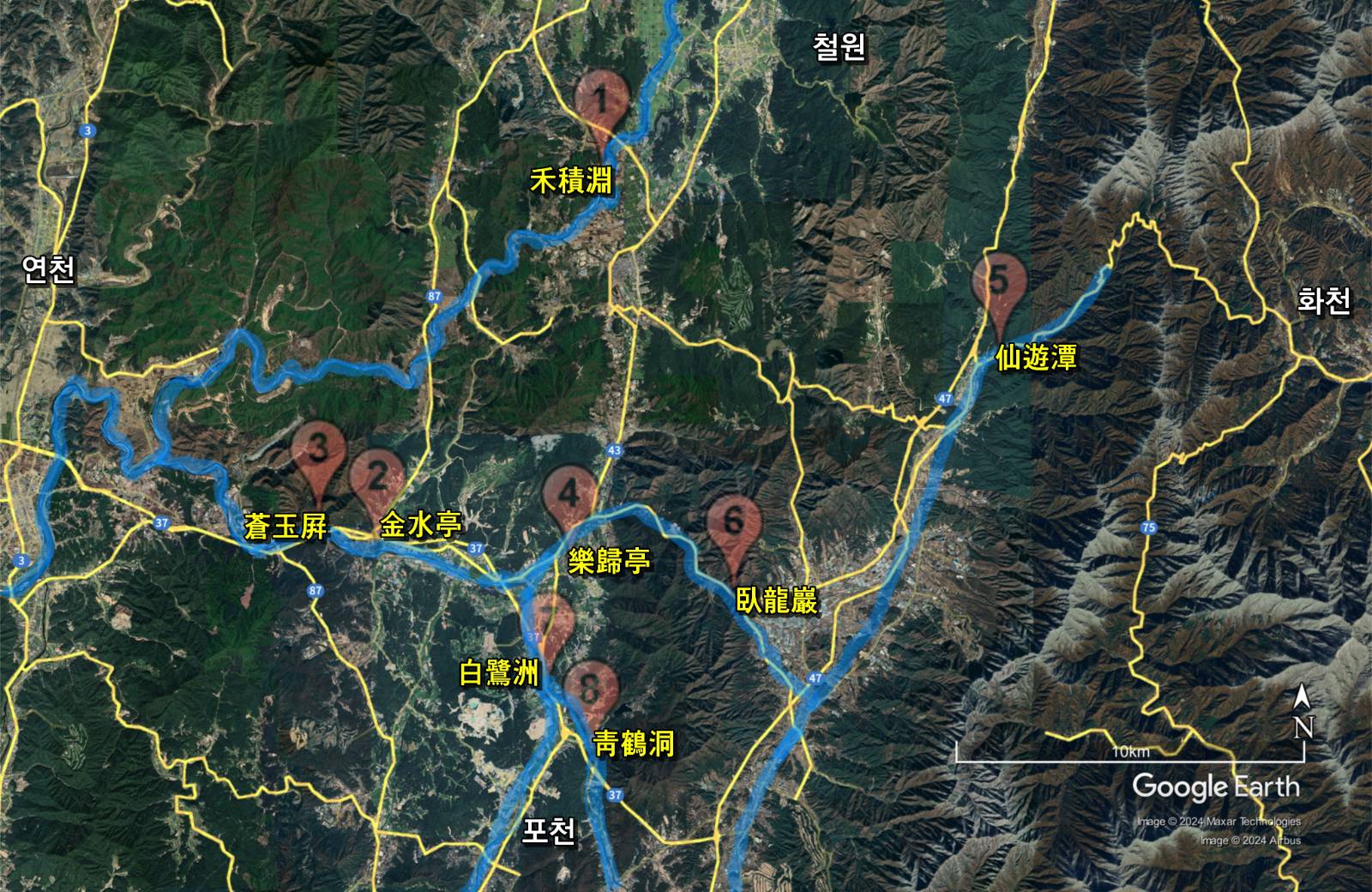 &nbsp; 포천의&nbsp;‘영평팔경’&nbsp;위치도&nbsp;(자료&nbsp;:&nbsp;구글맵)&nbsp;&nbsp;