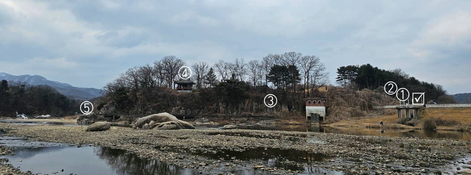 범례 : ☑고문헌의 금수정 출입로&nbsp;➀동천석문(한석봉),&nbsp;➁회란석(허국)&nbsp;➂금수정(암각),&nbsp;➃금수정(편액,&nbsp;양사언),&nbsp;➄무릉(武陵)&nbsp;&nbsp;