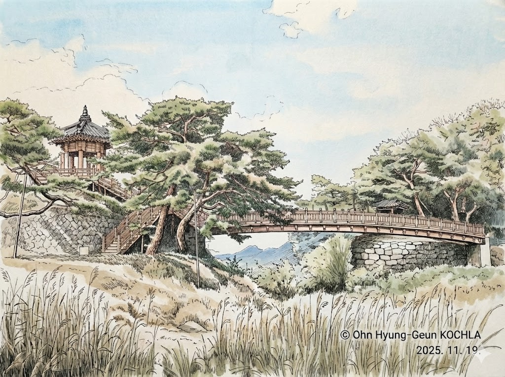 &nbsp; <신선이 내려와 놀던 강선대>&nbsp;흐르는 강물과 굳건한 바위,&nbsp;그리고 이를 이어주는 다리와 정자가 잘 어우러진 풍광이다.&nbsp;자연을 거스르지 않고 그 품에 안기는 한국정원미학이 잘 드러난다. (2025.11.19.,&nbsp;사진을&nbsp;AI로 변환)&nbsp;&nbsp;