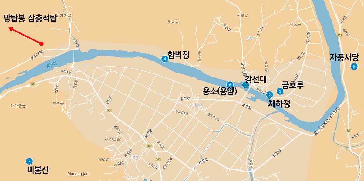 &nbsp; <영동 강선대 원림 위치도)&nbsp;영동 강선대 원림은 단순히 정자 하나가 아니라,&nbsp;비봉산과 용소라는 자연의 무대 위에 자풍서당,&nbsp;금호루,&nbsp;채하정이 좌우 보조를 맞추고,&nbsp;환선루(끽선루)와 후선탑이 앞뒤에서 호응하는 입체적 산수 원림이다.&nbsp;경관 구조는 마치&nbsp;
