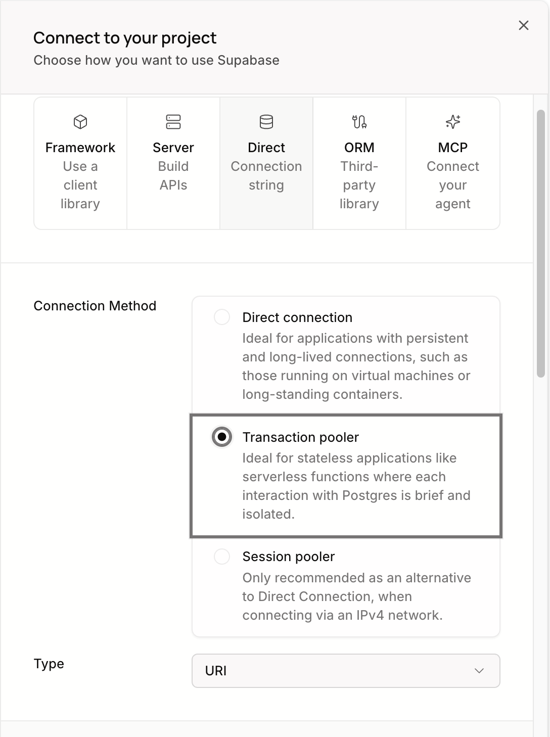 그러면 오른쪽에서 요렇게 생긴 메뉴바가 수욱 튀어나와요.Direct connection stringTransaction pooler 선택 후 스크롤을 쭉 내려보세요
