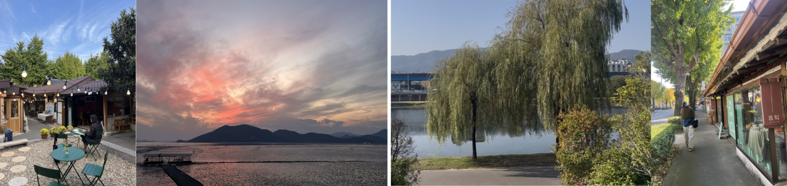 ©차화진, 2025. (좌) 2025년 11월 4일. 첫 번째 동료와 장소 미팅을 마치고, 순천 노월마을로 해넘이를 보러갔다. 오후 5시는 하늘을 봐야하는 이 계절. (우) 2025년 11월 7일. 두 번째 동료와 장소 미팅. 순천에 처음 와본 그와 순천종합버스터미널에서 동천을 지나 유익한상점에 도착했다.