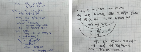 (좌) 2025. 12. 21. (우) 2025. 12. 25. 2025년 상반기 동안 불안을 느꼈다. 겨우 내 자신을 건졌고 스스로에게 취약한 겨울에 꿈을 선물했다. 그해 가장 큰 수확은 내가 나와 다시 연결된 것. 그래도 조급해지면 이 그림을 그리곤 했다.&nbsp;

Hold my hand: I & myself. 맞잡은 두 손을 잊더라도 잃고 싶지 않았다.