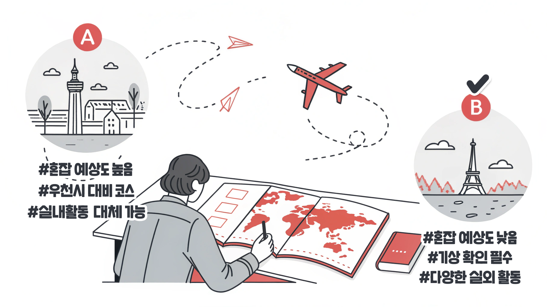교통 혼잡과 날씨 변수를 대비해 플랜B까지 준비하면, 돌발 상황에도 당황하지 않고 즐길 수 있어요. (제작: 넛쥐+recraft.ai)