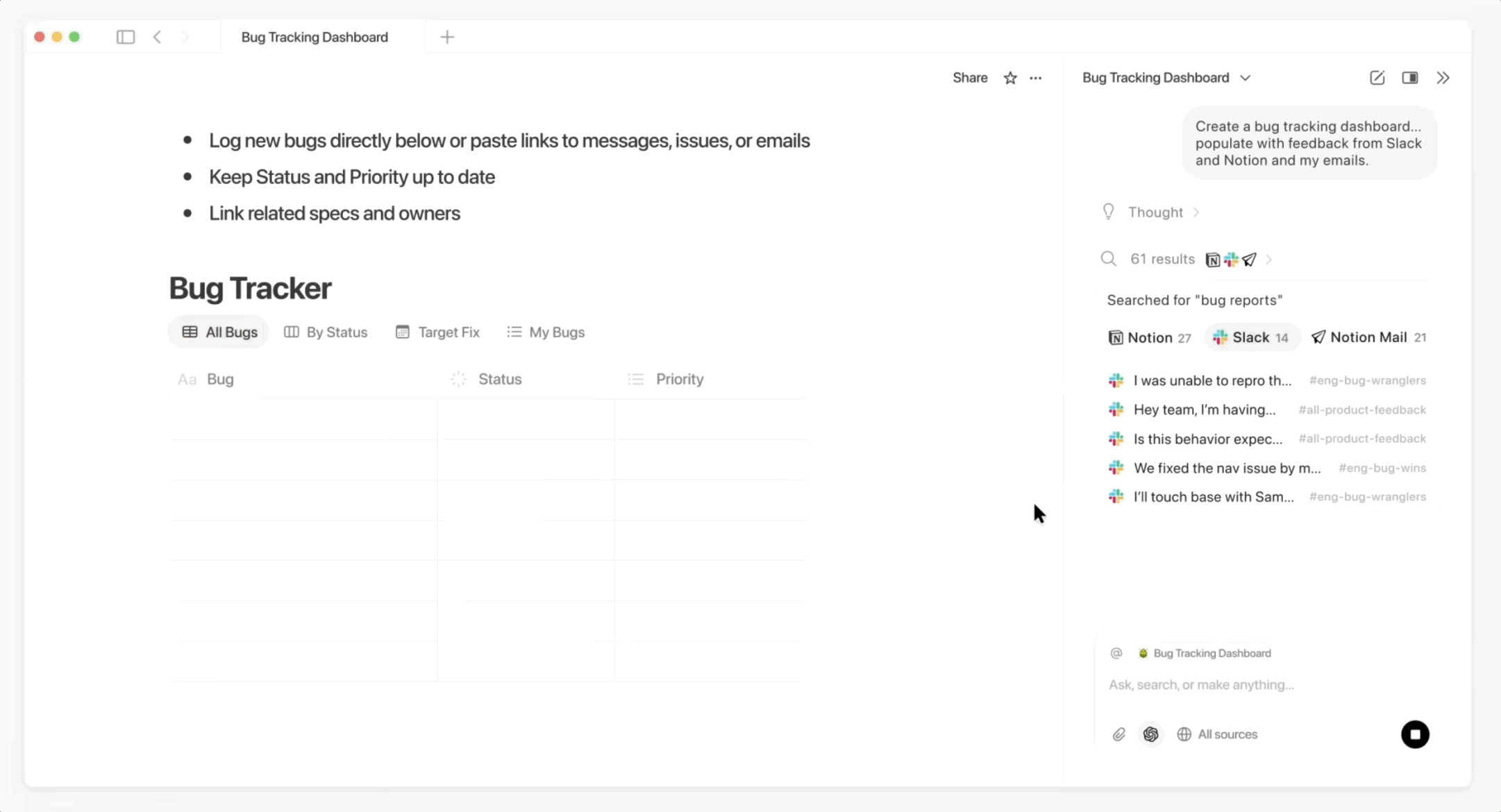 자동으로 슬랙의 피드백을 보고 버그 트래커를 만드는 시연에 감탄을 금치 못했어요. (원본: 노션 공식 유튜브 / 편집: 넛쥐)