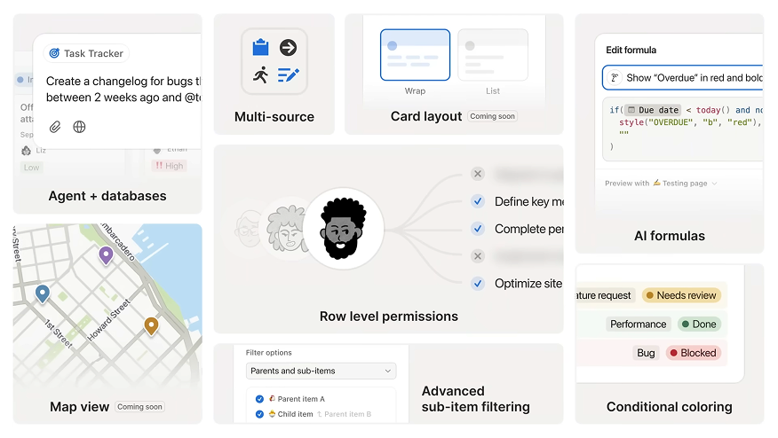 DB 혁신한 항목들인데, DB 페이지 단위 권한, 조건부 수식, AI 수식을 비롯해, 곧 출시될 예정인 Map view, Card view까지 엄청 많아요!(출처: 노션 공식 유튜브)
