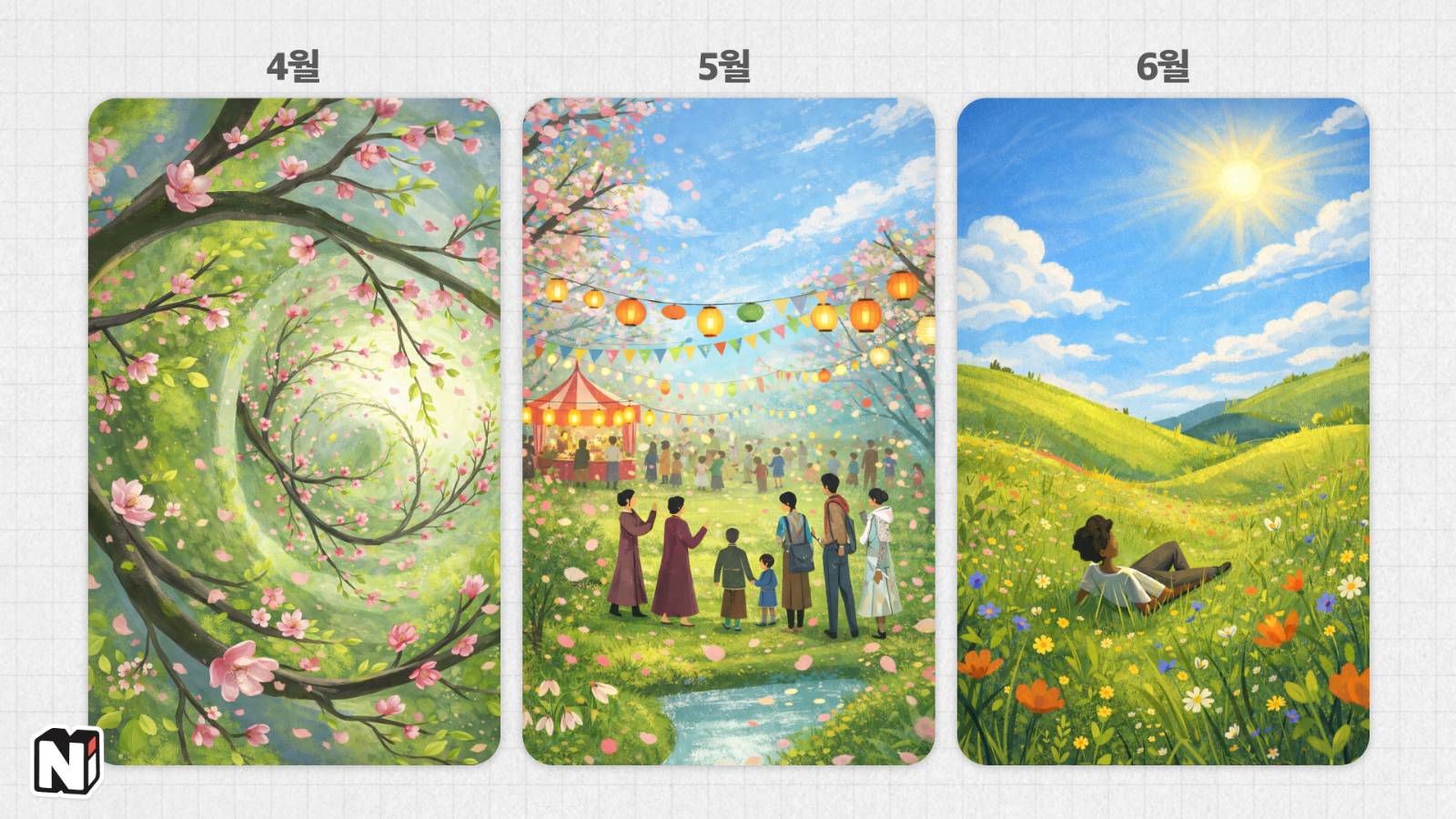 4월에는 여태까지의 작업이 리듬이 되고, 5월에는 사람들과 어울리며 확장할 수 있어요. 이렇게 쌓은 것들을 6월에 한 번 돌아보세요. 분명 이뤄놓은 것도, 새롭게 보이는 것도 있을 거에요. (Recraft.ai 생성 / 편집: 넛쥐)