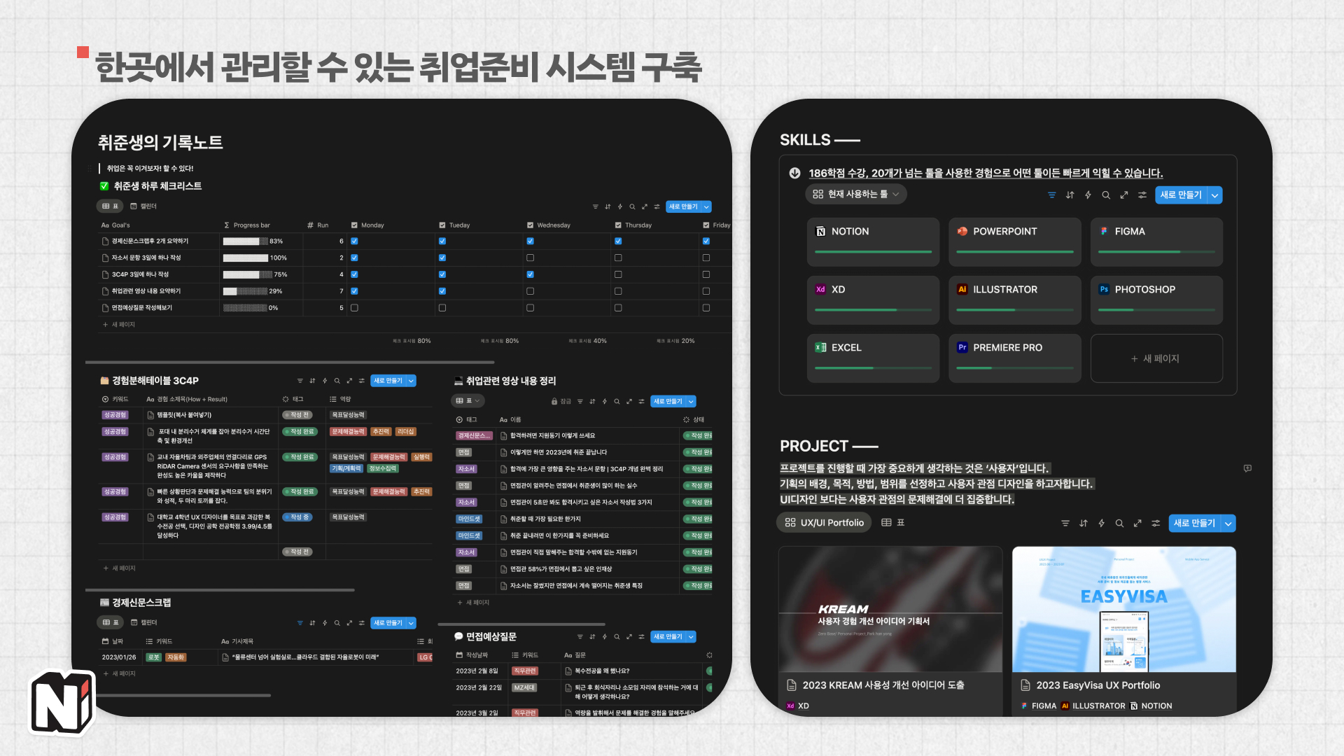 취업준비 과정이 아주 디테일하게 대시보드를 만들어두셨더라고요. 안의 프로젝트까지 꼼꼼하고 예쁘게 만들어두셔서 보는 즐거움이 있었어요!