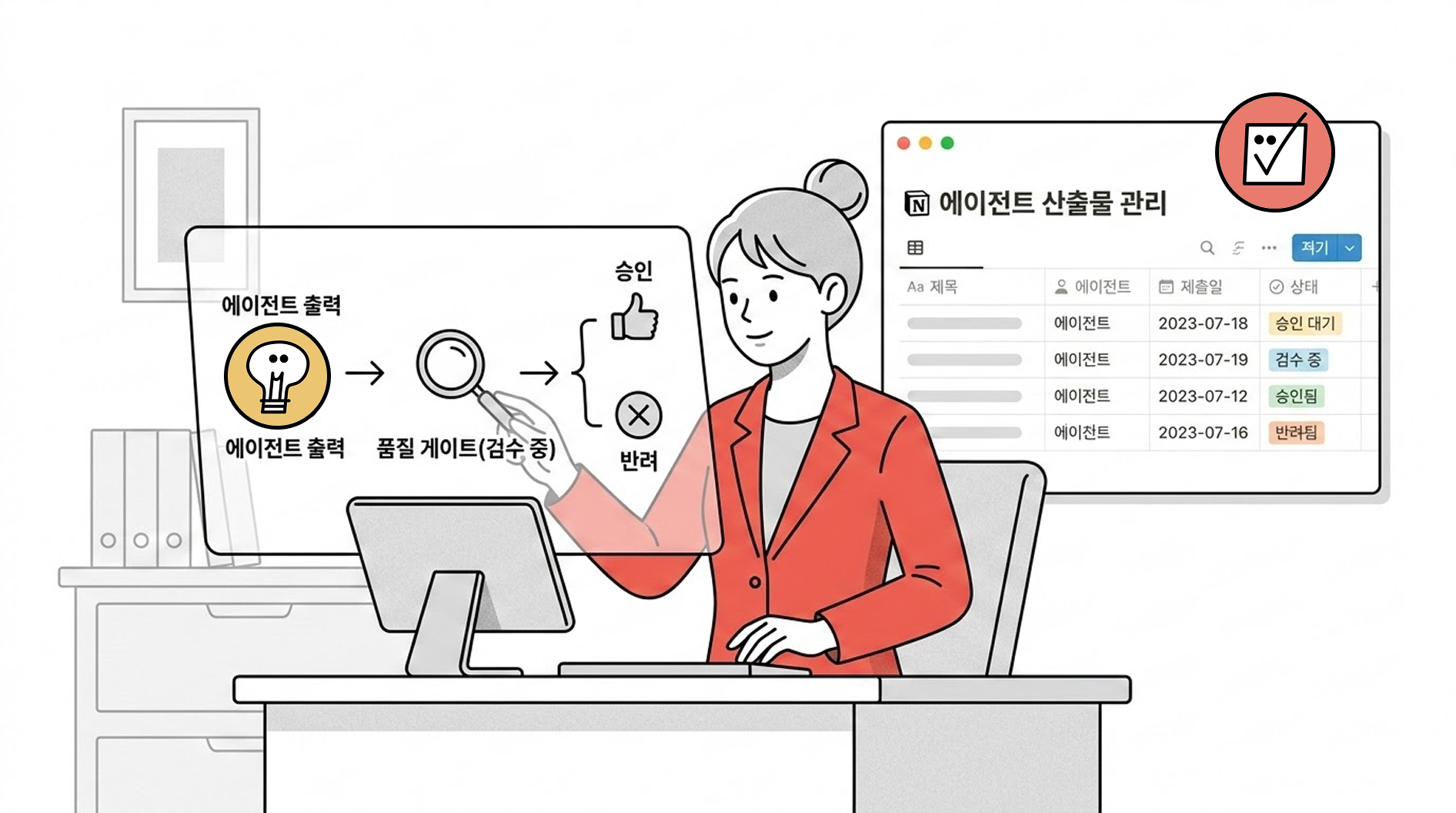 워크슬롭을 방지하기 위한 품질 검수 프로세스를 잘 구축해두면 ‘승인/거절’만 해도 내 업무들이 처리될 거예요.. (Recraft.ai 생성/ 편집: 넛쥐)