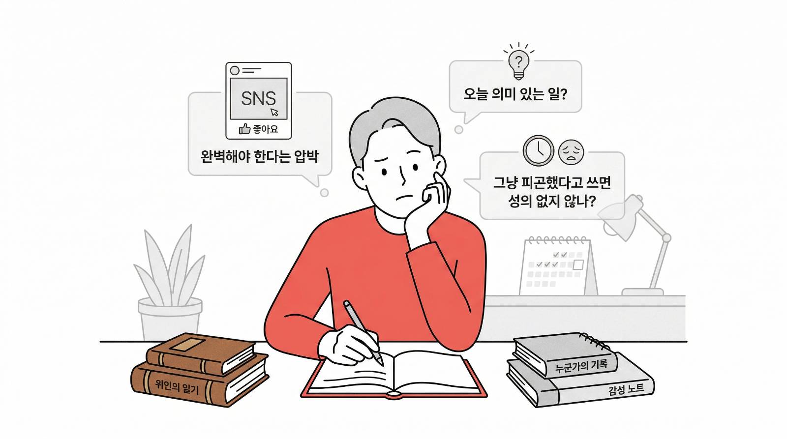 처음 며칠은 잘 쓰이다가 점점 비어가는 일기장. 익숙한 풍경이죠. 그러다보니 점점 일기도 안 쓰게 되고요. (Recraft.ai 생성/ 편집: 넛쥐)