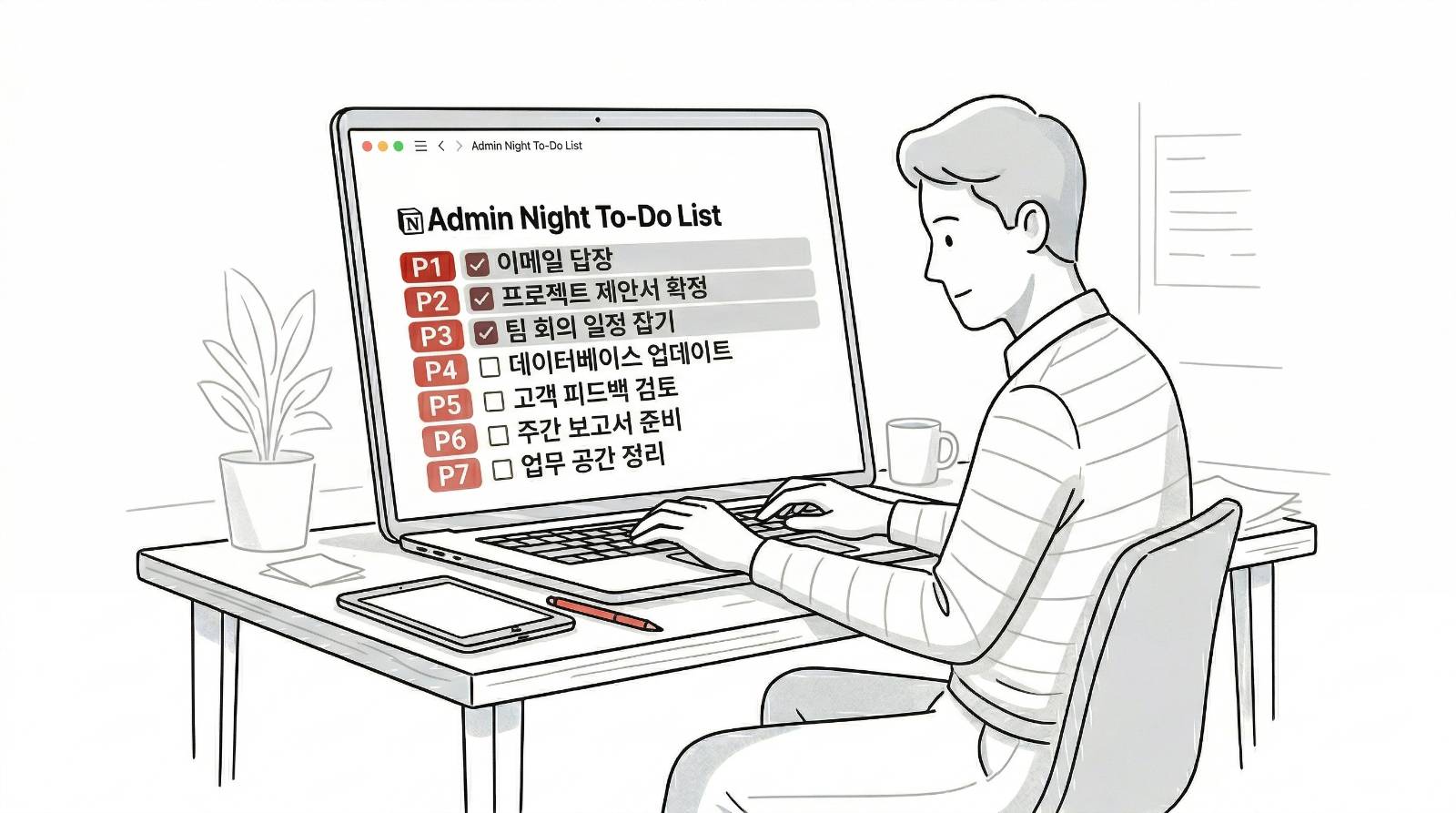 짧은 시간 안에 많은 일들을 효율적으로 해내려면 우선순위 설정이 정말 중요하답니다! 다 끝내려는 욕심을 내려놓고 가능한 것부터 차근차근 실행해보세요. (Recraft.ai 생성/ 편집: 넛쥐)