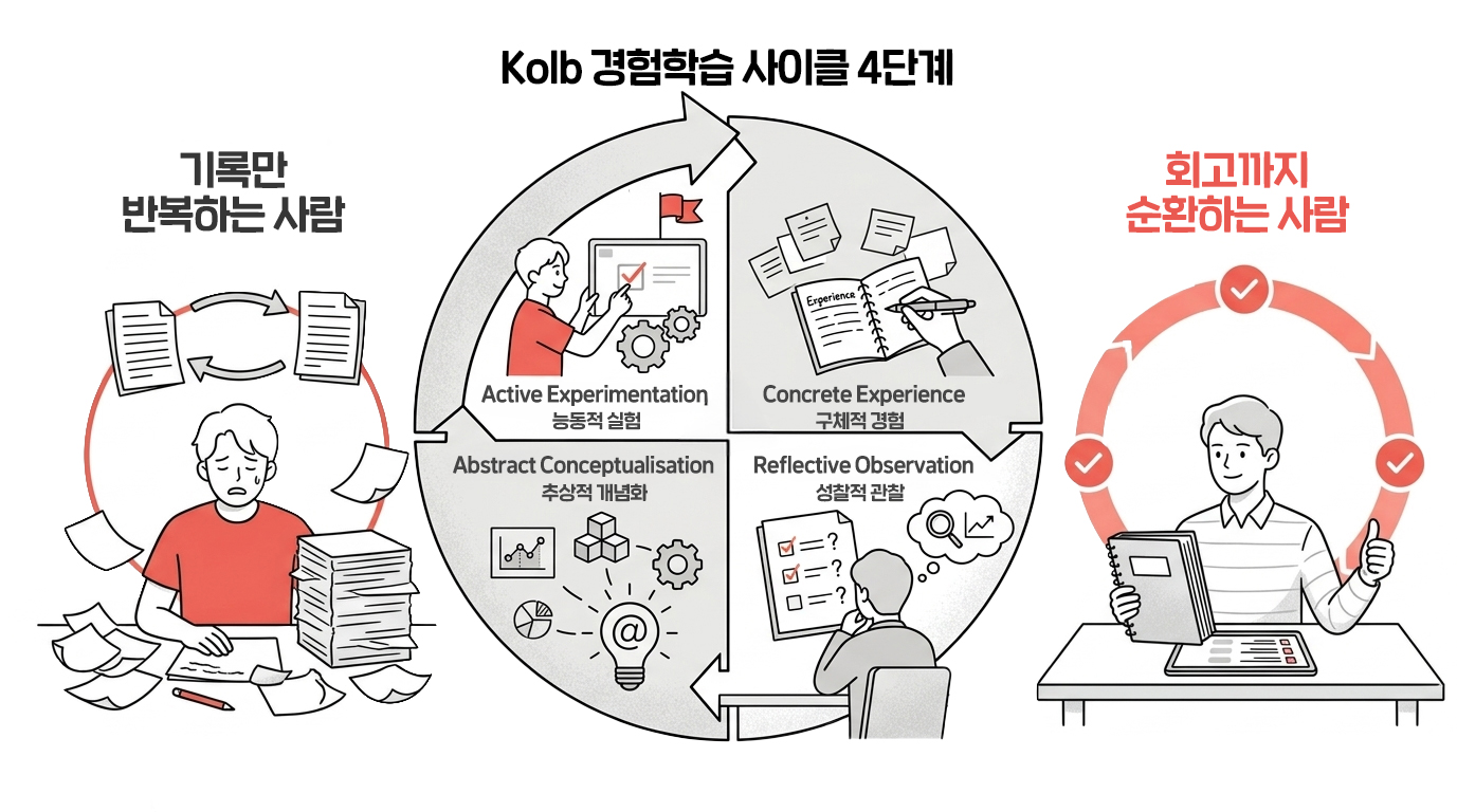 학습이란 '경험이 지식으로 전환되는 과정'이라고 해요. 그러니 '기록'을 '시작'으로 간주해야 경험을 내 거로 만들 수 있어요! (나노바나나 생성/ 편집: 넛쥐)