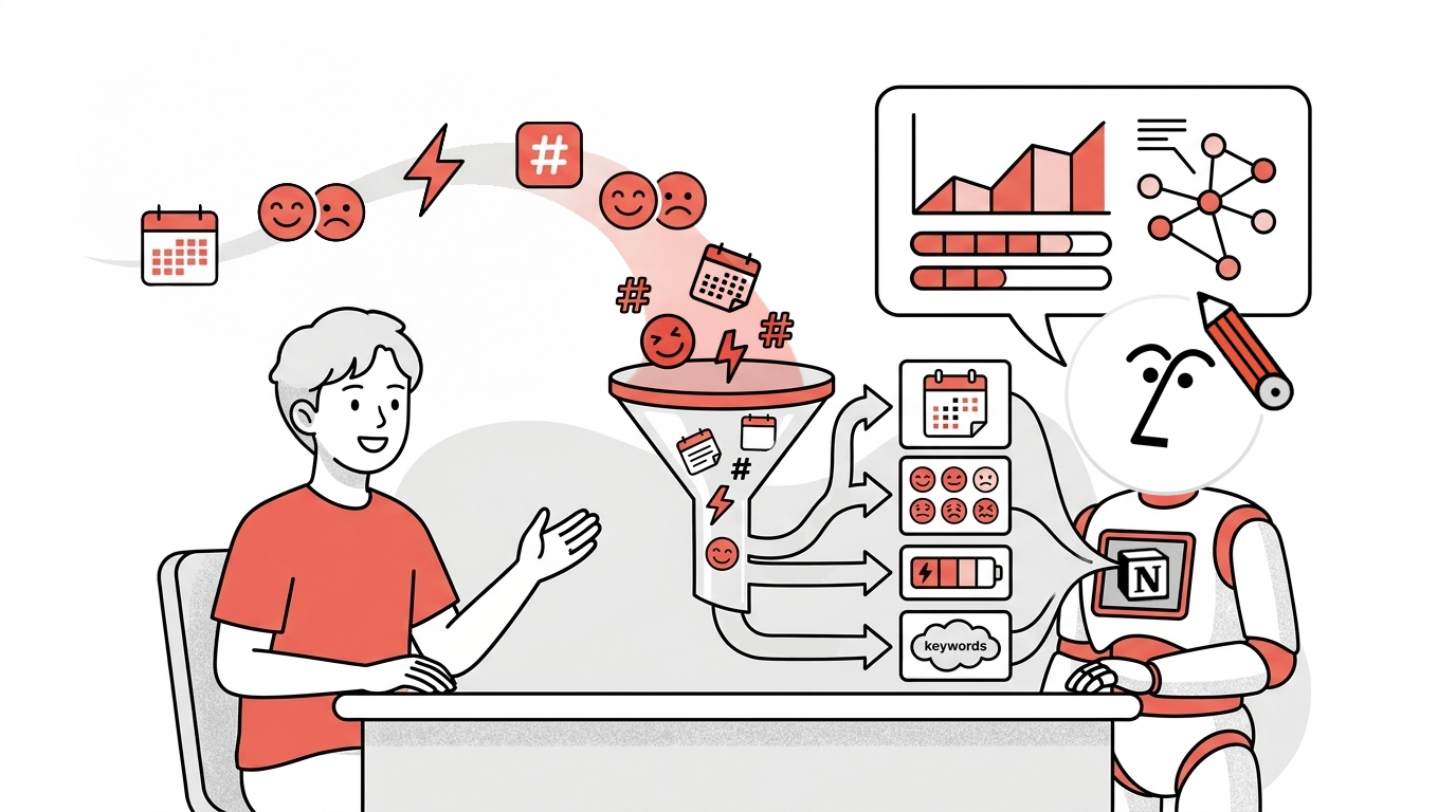 많은 데이터를 한번에 수집해서 분석할 때는 아무래도 구조화 된 데이터가 훨씬 강해요. 그러니 기록을 할 때도 어떤 걸 분석하고 싶은지 생각해서 항목을 나눠보세요. (나노바나나 생성/ 편집: 넛쥐)