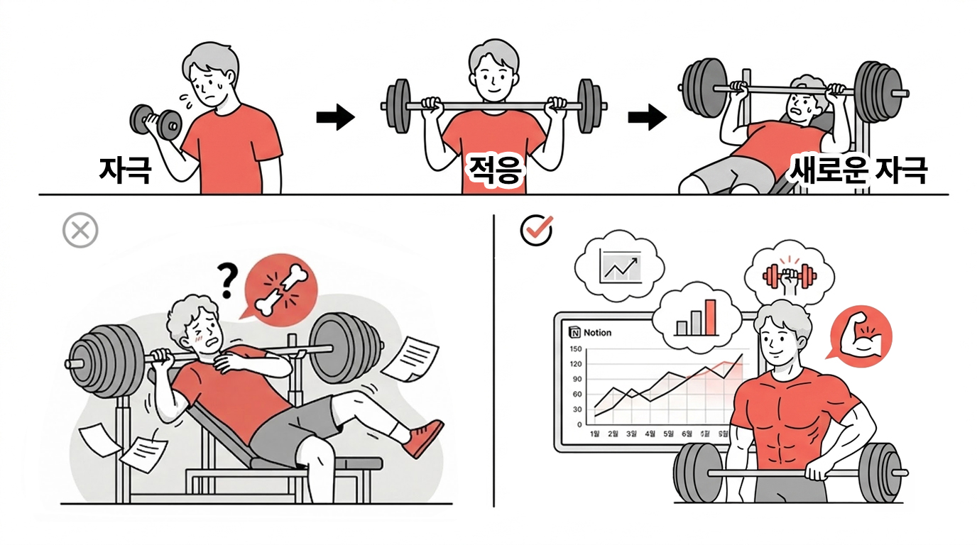 운동을 꾸준히 하다 보면 우리의 몸이 건강해지는 만큼 강도도 더 높여야 해요. 하지만 전보다 할만하다고 무작정 올리지는 마세요. 감에 의존하다가는 다치기 쉬워져요. (나노바나나 생성/ 편집: 넛쥐)