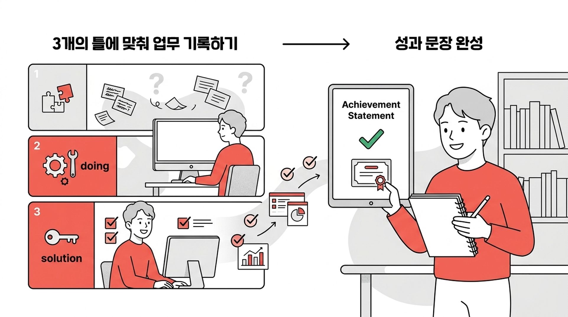 두 사람이 같은 일을 적었는데 한쪽만 성과로 읽힐 때가 있어요. 그 차이를 가른 건 뭘까요? (나노바나나 생성/ 편집: 넛쥐)