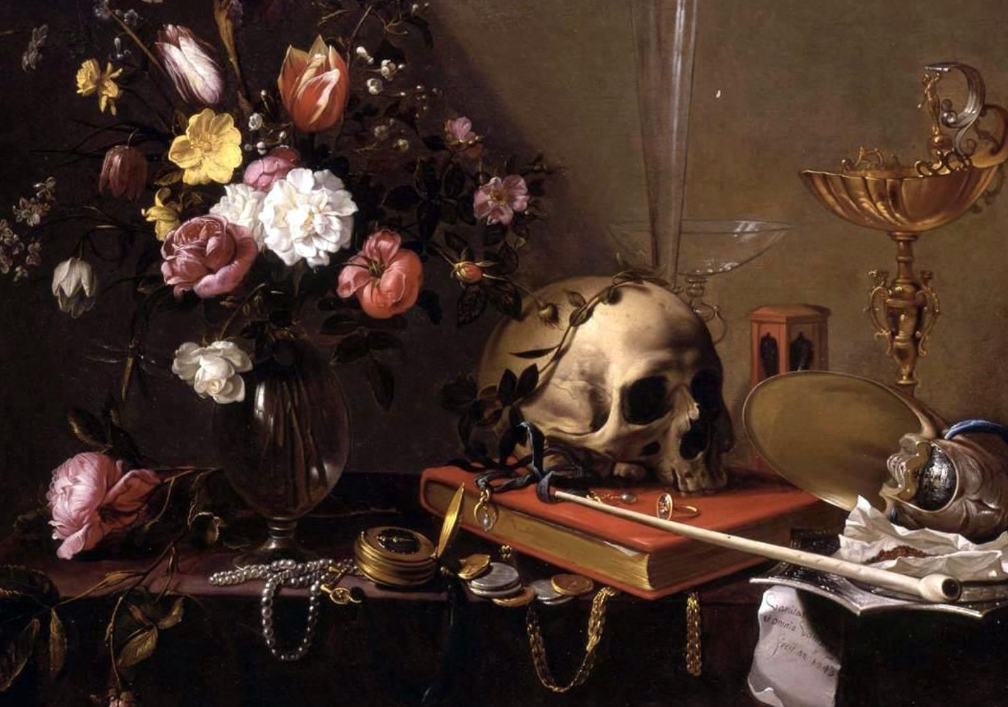Adriaen van Utrecht, Vanitas - Still Life with Bouquet and Skull (1642)