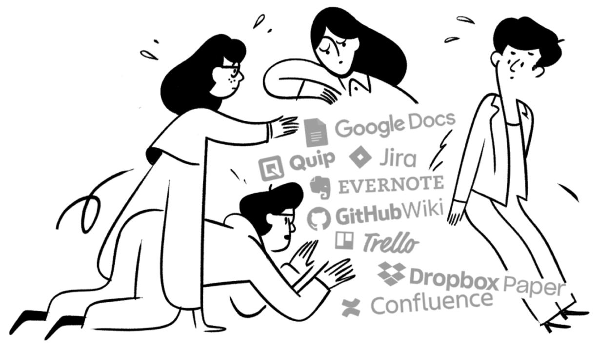 Notion 초기 all-in-one과 Context Switching을 강조했던 일러스트