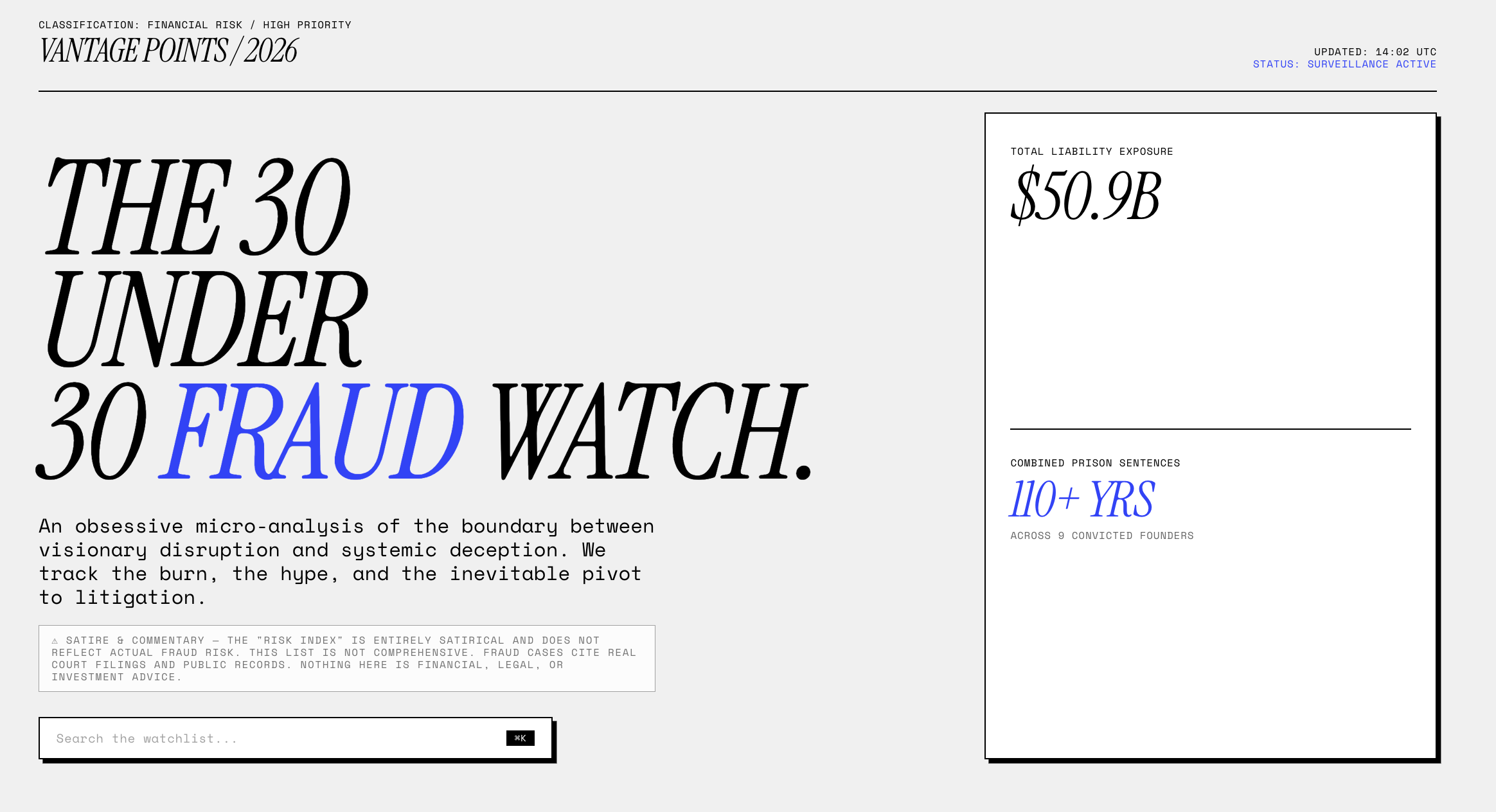포브스가 선정한 30살 이하의 30인에 선정된 이들 중 사기 및 범죄 혐의로 잡힌 이들을 추적 관찰하는 프로젝트