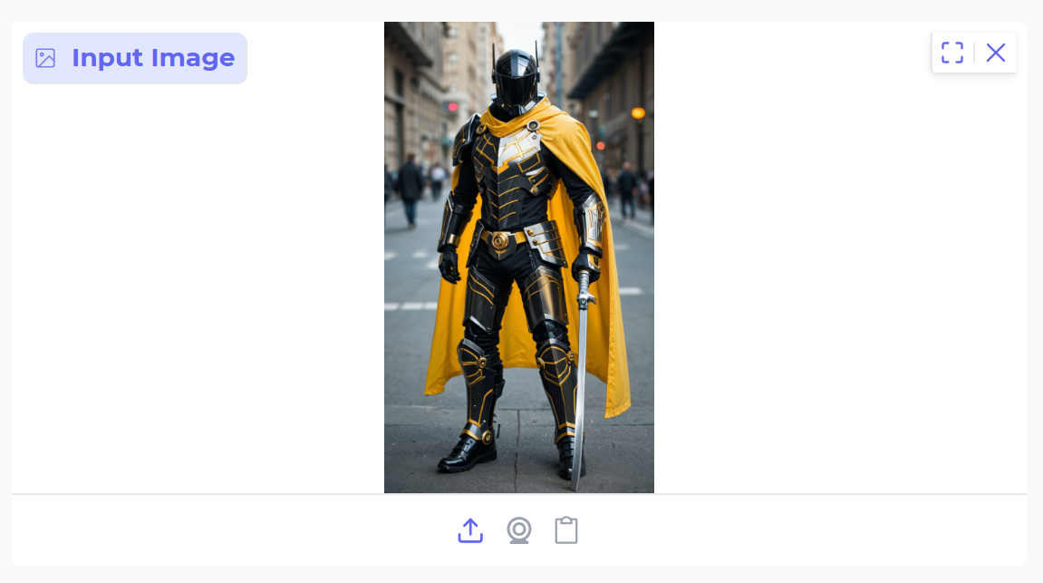 테스트를 위해 멋진 갑옷을 입은 로봇 기사 이미지를 준비했습니다. 보시다시피&nbsp;완전한 정면(Front view)사진이죠.