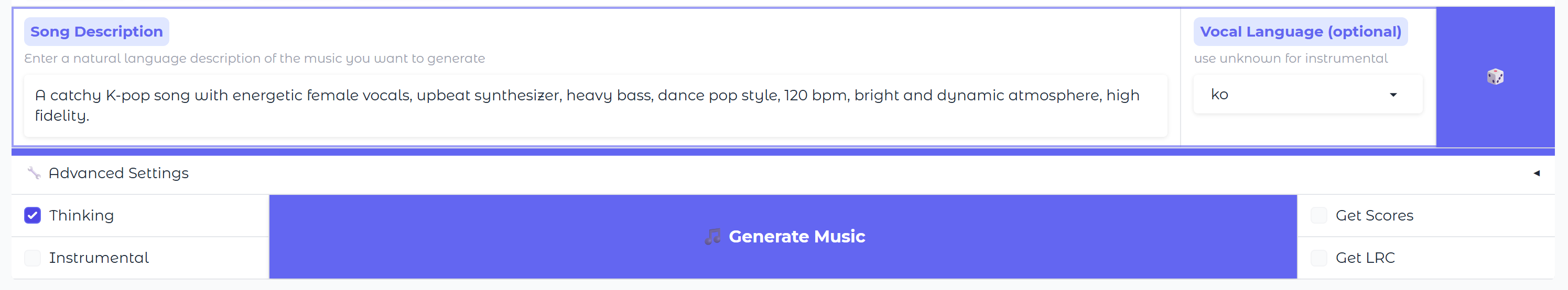 트렌디하고 신나는 K-POP 걸그룹 스타일이라고 넣었어봤어요언어는 당연히 한국어(ko)를 선택!