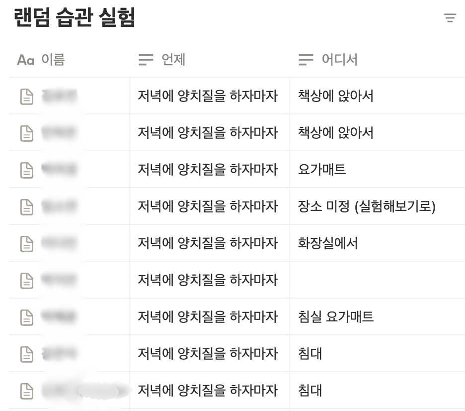 <랜덤 습관 실험> 습관 디자인의 일부