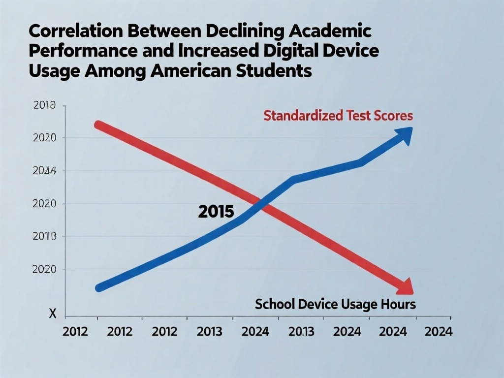 2012년 이후 시험 점수 하락과 학교 기기 사용 시간 증가가 정확히 반비례합니다
