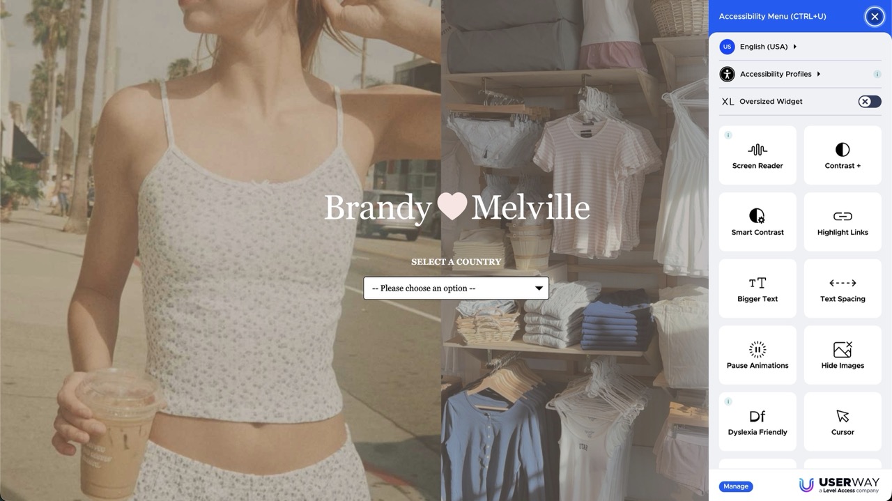 단 하나의 사이즈(xs, 44)만 만들어 팔지만 홈페이지에는 접근성 위젯을 갖춘 이탈리아 브랜드 '브랜디 멜빌 Brandy Melvile'. 슬로건은 One Size Fits Most. 체형의 다양성은 배제하면서 디지털 접근성은 준수하는 이중성. 포용적 디자인은 규정과 규제가 필요하다는 생각이 드는 이유. 2025년 1월, 성수동에 한국 1호점을 오픈했다. ©BrandyMelvile