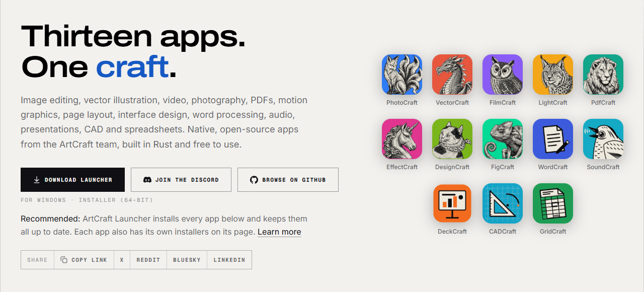 ArtCraft 공식 사이트의 Crafting Apps 13종 (getartcraft.com/apps)