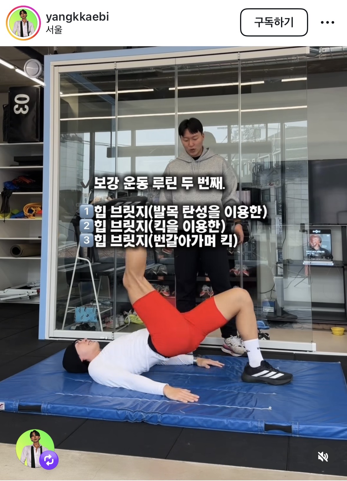 힙브리지 (킥이용) - 한다리는 바닥을 딛고, 다른쪽 다리는 편 상태에서 위로 올렸다가 내리기