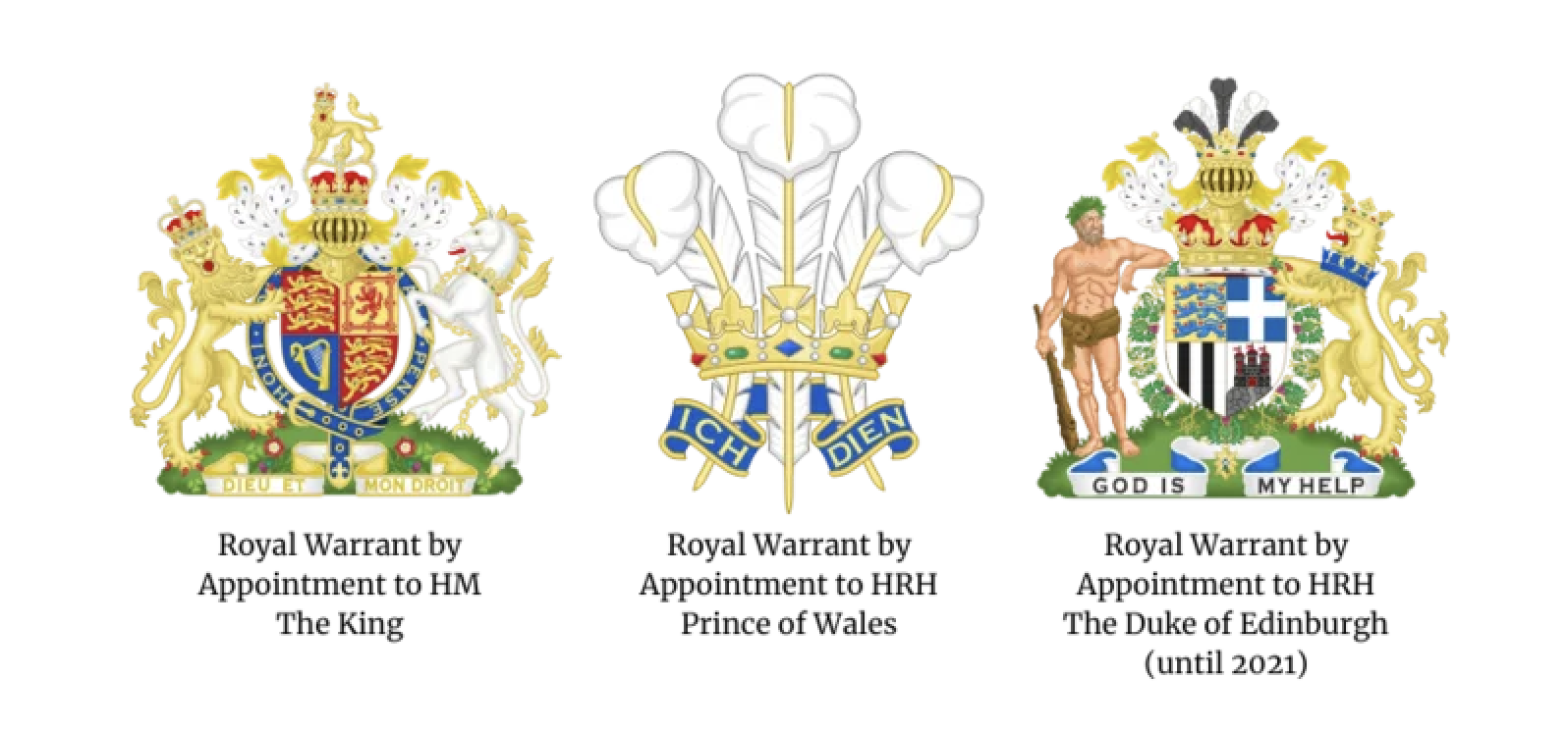 왕실 워런트 (좌: 찰스 3세 / 중앙: 웨일스 공(왕세자) / 우: 필립 공(에든버러 공작)
