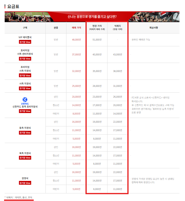FC서울 티켓 요금표 (출처=FC서울 홈페이지)