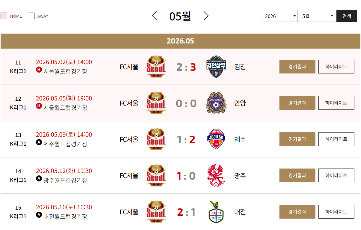 FC서울 5월 성적 (출처=FC서울 공식 홈페이지 스크린샷)