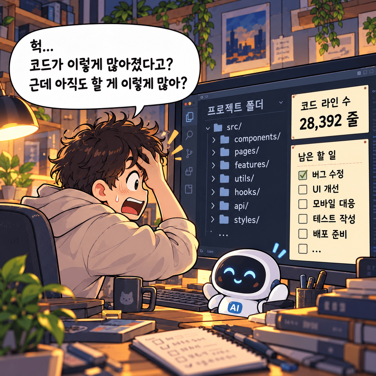 &nbsp; 코드는 산더미처럼 쌓였는데, 할 일은 오히려 더 늘어나 절망에 빠진 나&nbsp;&nbsp;