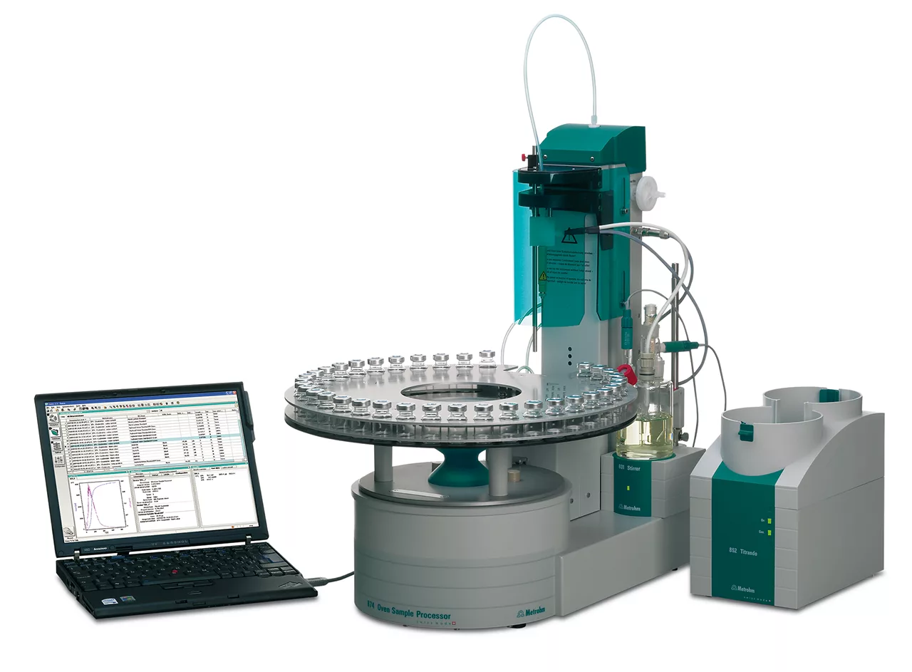 [이미지: 카를 피셔 오븐법에 쓰이는 시료 가열 자동화 장비 (874 Oven Sample Processor) / 출처: Metrohm]