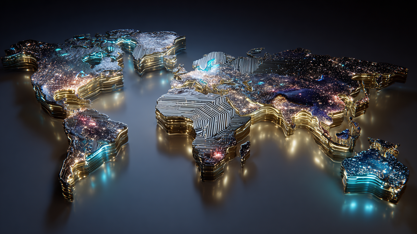 world map formed by golden circuits and light trails connecting Middle East, US, and Asia, satellite view at night, global finance theme, hyperrealistic texture, cinematic lighting