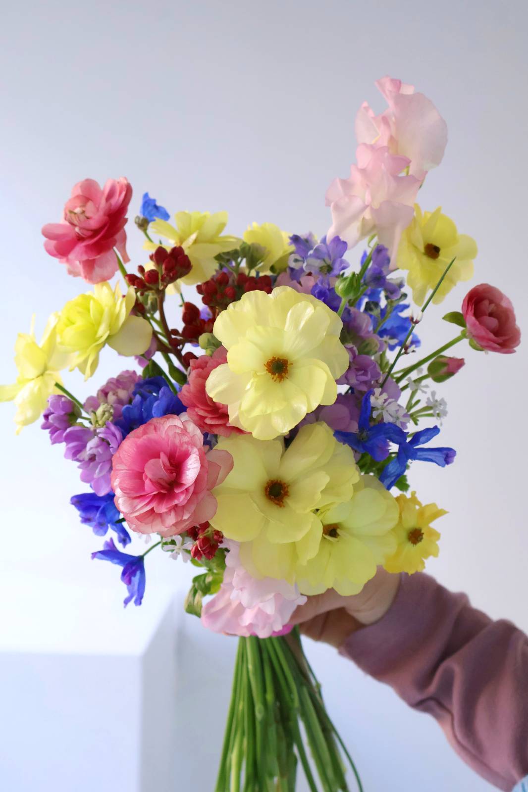 활짝 핀 버터플라이 라넌을 잔뜩 넣어 만든 부케-옐로+핑크 컬러