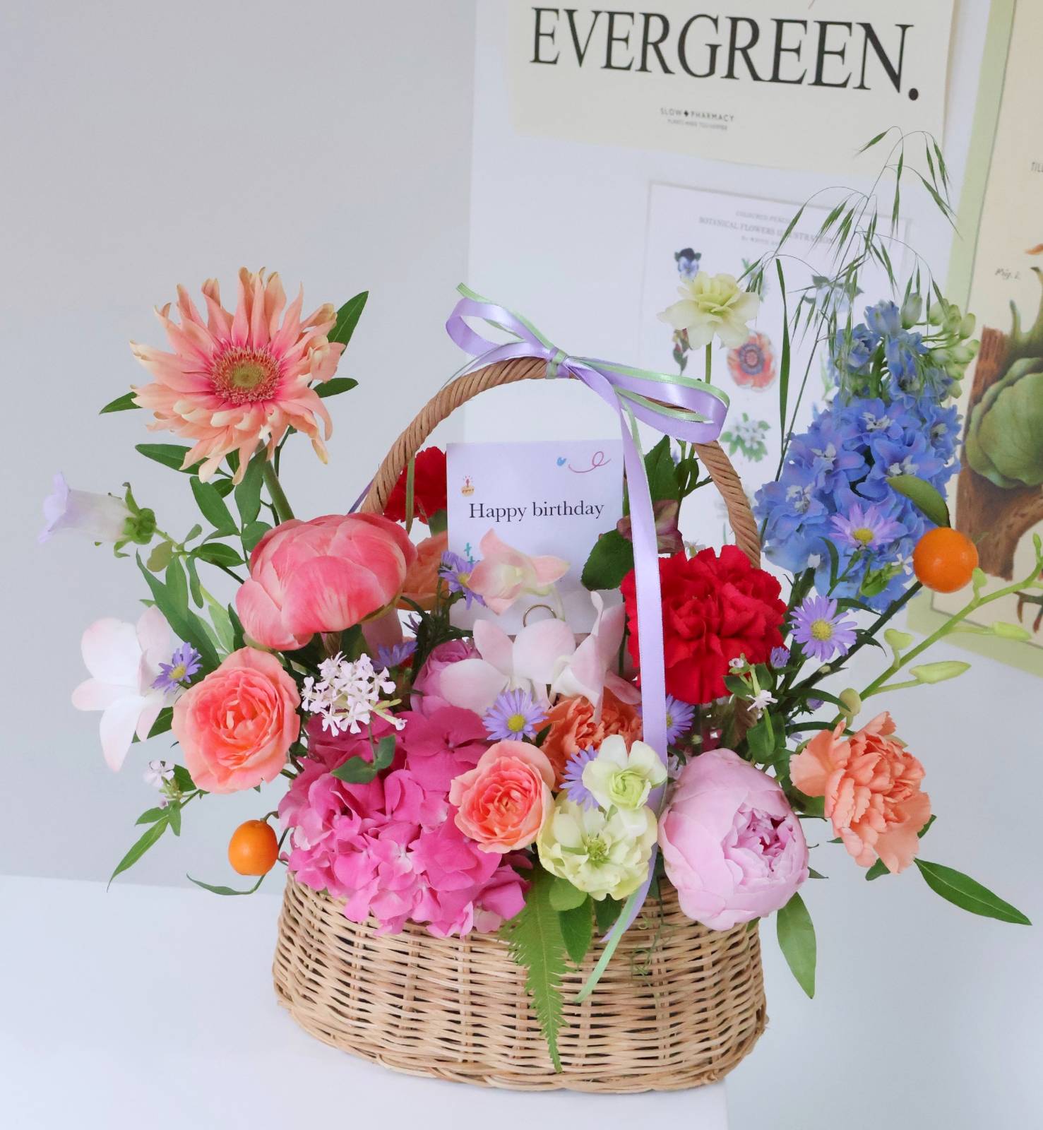 코랄 작약-사라 작약, 다른 종류의 작약을 사용한 바구니