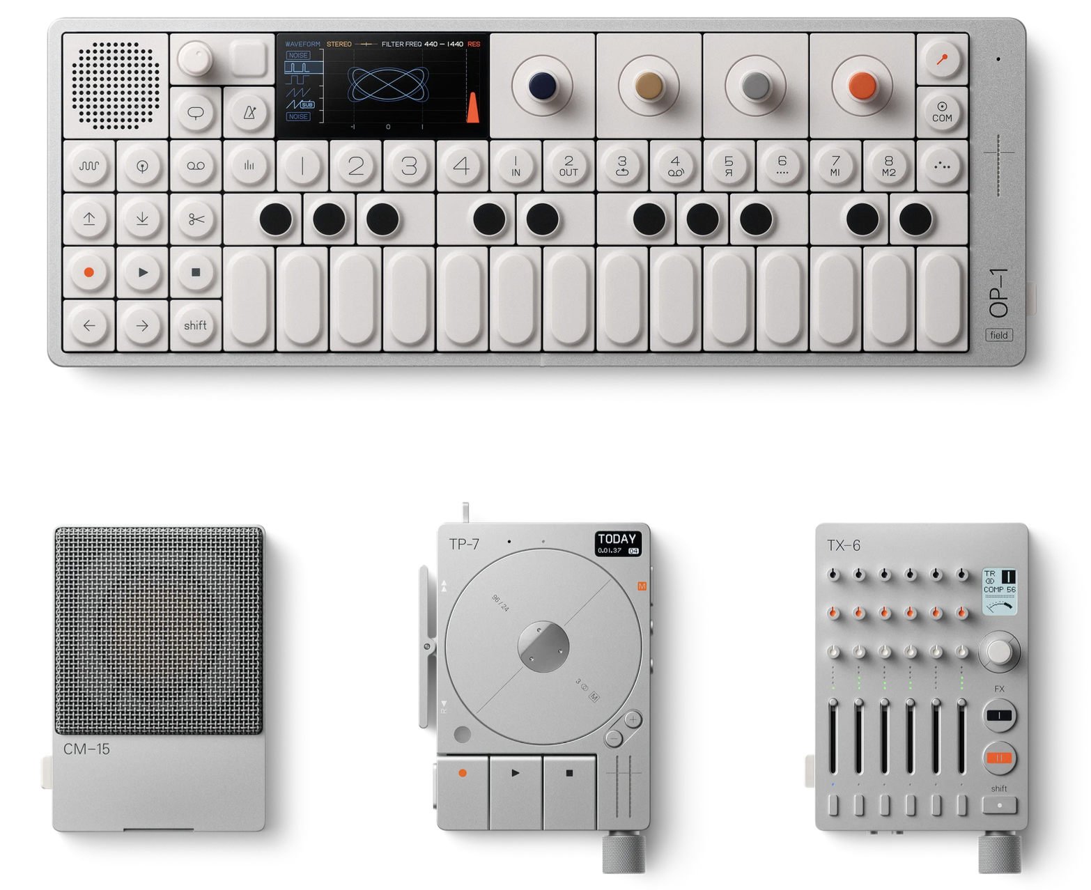 맨 위에 있는 키보드 같이 생긴 제품이 OP-1입니다. 멜로디언 사이즈 이죠.