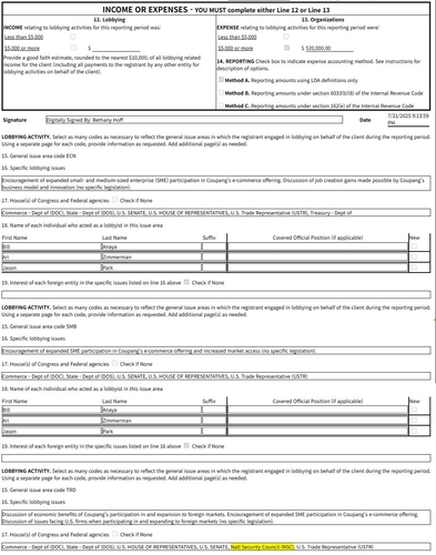 쿠팡의 상원 로비 보고서&nbsp;&nbsp;© 미국 상원 / 연합인포맥스