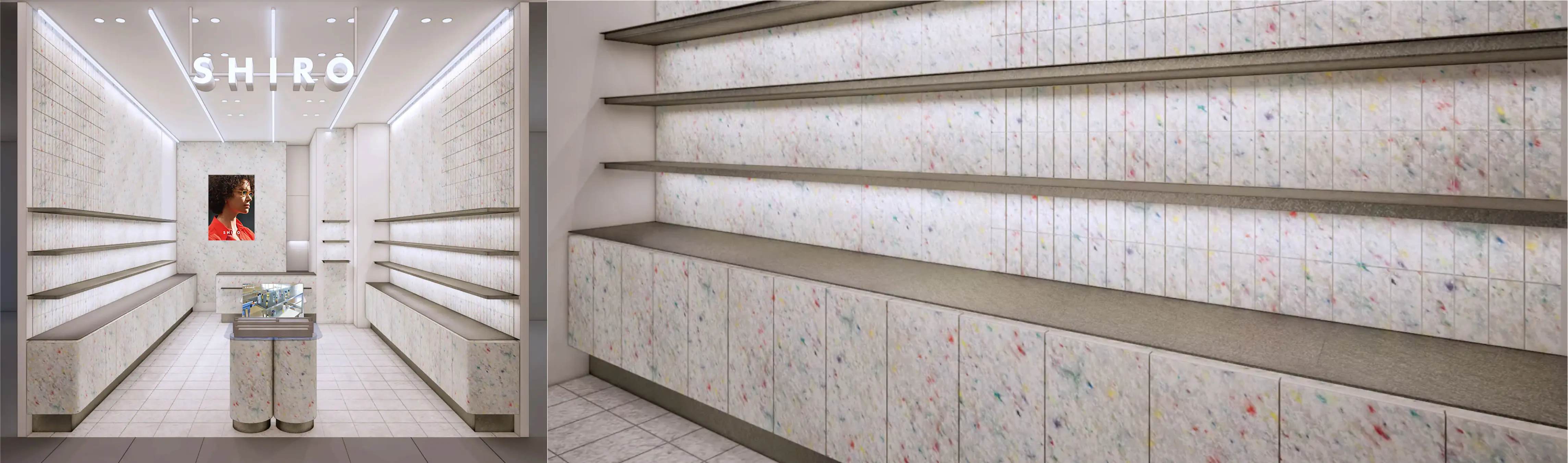 재생 수지와 폴리에스테르를 활용한, 리유즈 펠프로 매장 내부를 꾸몄어요.