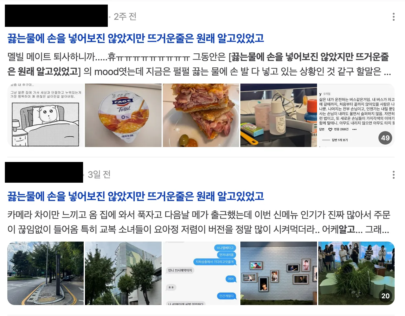 이미지 = 네이버 블로그 캡처 (https://search.naver.com/search.naver?ssc=tab.blog.all&sm=tab_jum&query=끓는물에+손을+넣어보진+않았지만+뜨거운줄은+원래+알고있었고)