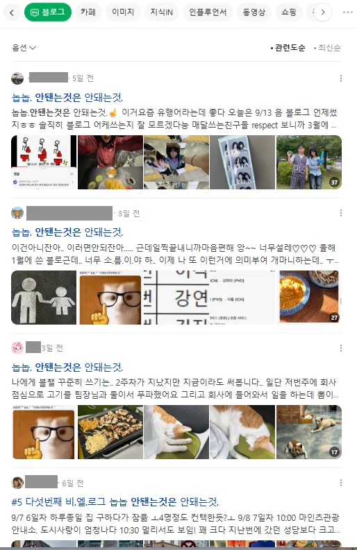 이미지 = 네이버 블로그 ‘안됀는것은’ 검색 캡처 (https://search.naver.com/search.naver?ssc=tab.blog.all&sm=tab_jum&query=안됀는것은)