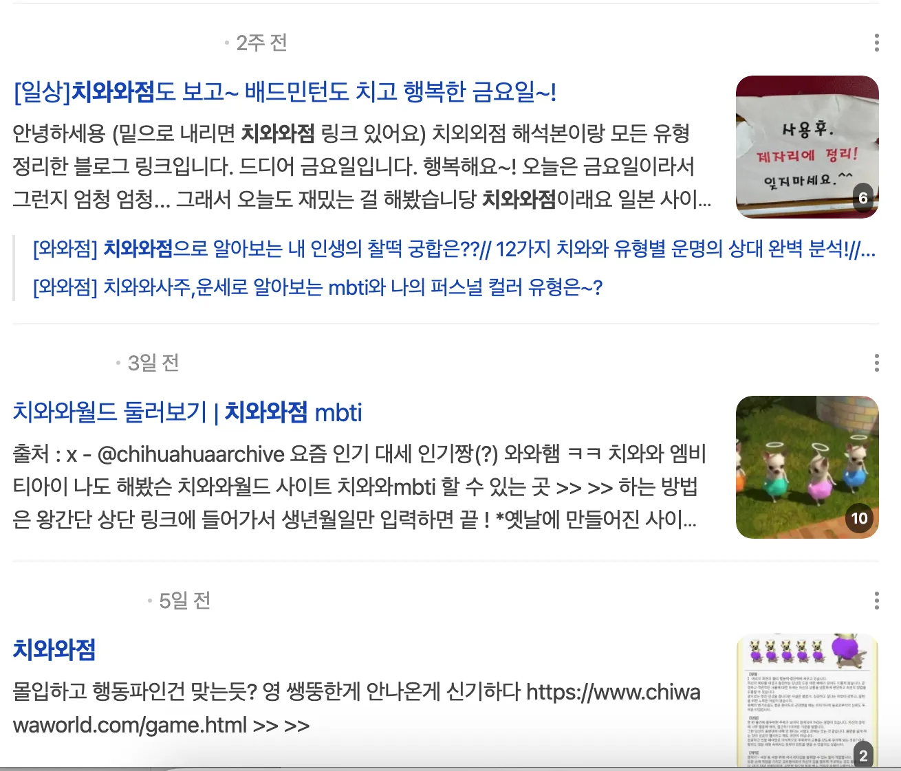 이미지 = 네이버 블로그 캡처 (https://search.naver.com/search.naver?sm=tab_hty.top&where=nexearch&ssc=tab.nx.all&query=치와와점)