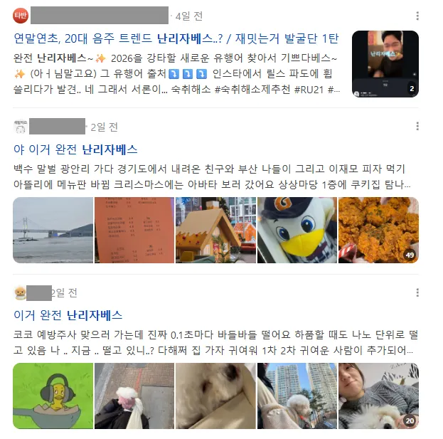 이미지 = 네이버 블로그 ‘난리자베스’ 검색 캡처 (https://search.naver.com/search.naver?ssc=tab.blog.all&sm=tab_jum&query=난리자베스)