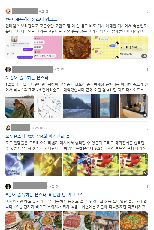 이미지 = 네이버 블로그 검색 캡처 (https://search.naver.com/search.naver?ssc=tab.blog.all&sm=tab_jum&query=습득하는+몬스터)