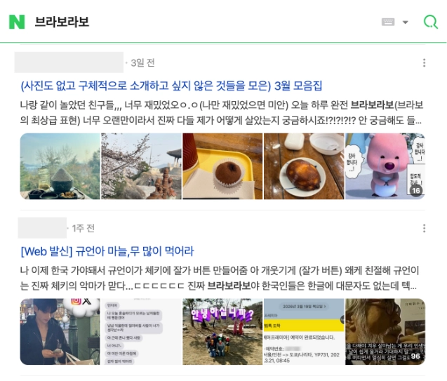 이미지 = 네이버 ‘브라보라보’ 검색 화면 캡처 (https://search.naver.com/search.naver?ssc=tab.blog.all&query=브라보라보&sm=tab_opt&nso=so%3Add%2Cp%3Aall)