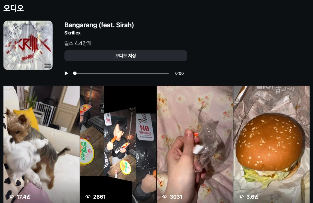 이미지 = 인스타그램 오디오 ‘Bangarang (feat. Sirah)’ 화면 캡처 (https://www.instagram.com/reels/audio/1727907493957567/)