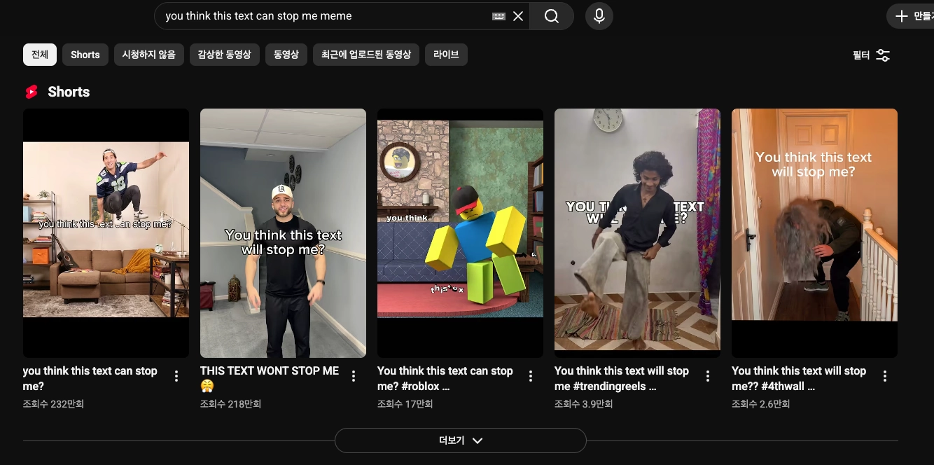이미지 = 유튜브 ‘you think this text can stop me meme’ 검색 결과 화면 캡처 (https://www.youtube.com/results?search_query=you+think+this+text+can+stop+me+meme)